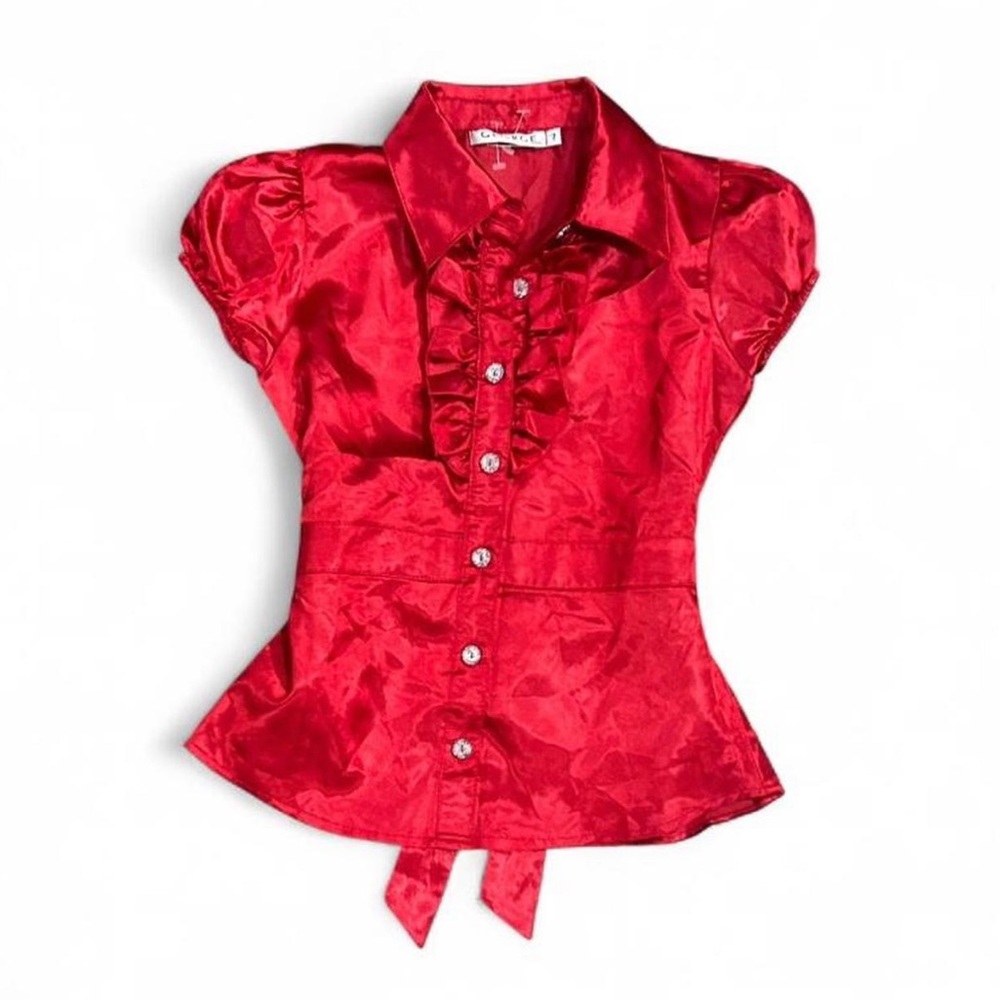 George Red Satin Ruffle-Front Puff Sleeve Blouse